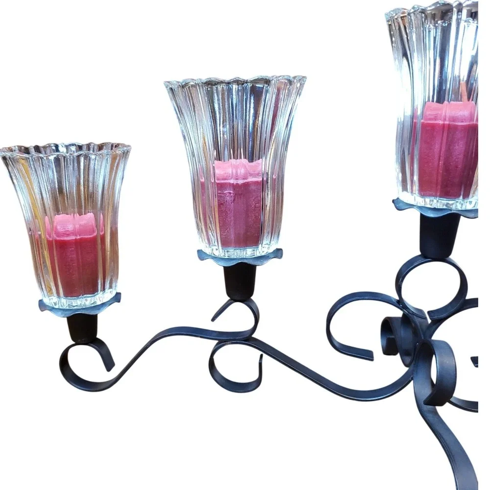 Wrought‎ Iron 5 Light Candelabra Scroll Mantle Centerpiece Fluted Glass Votives
